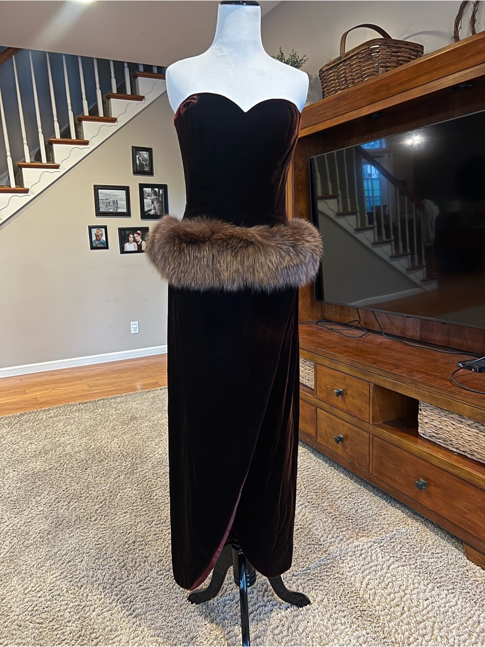 Strapless Velvet Evening Gown with Fur Trim - Deep Brown